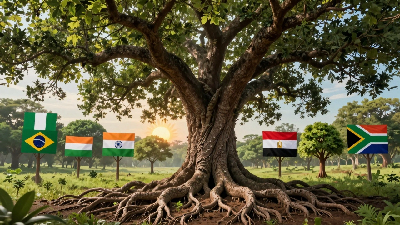 A new forest of diverse nations growing around a crumbling symbol of old global power.