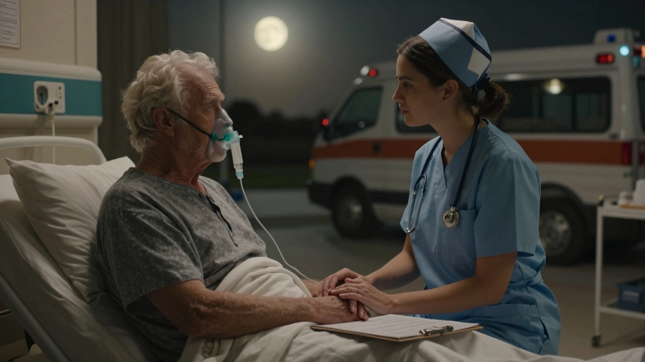 A nurse provides comfort care to an elderly patient in a quiet field hospital under moonlight.