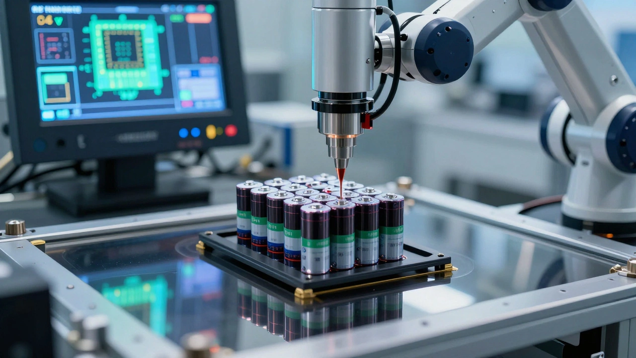 A precision-manufactured all-solid-state battery being assembled in a cleanroom with robotic arms and glowing tech reflections.