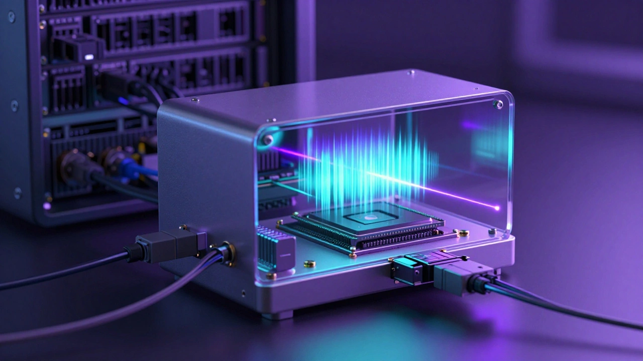 A quantum accelerator plugged into a server rack, connected by optical cables with glowing qubits inside.