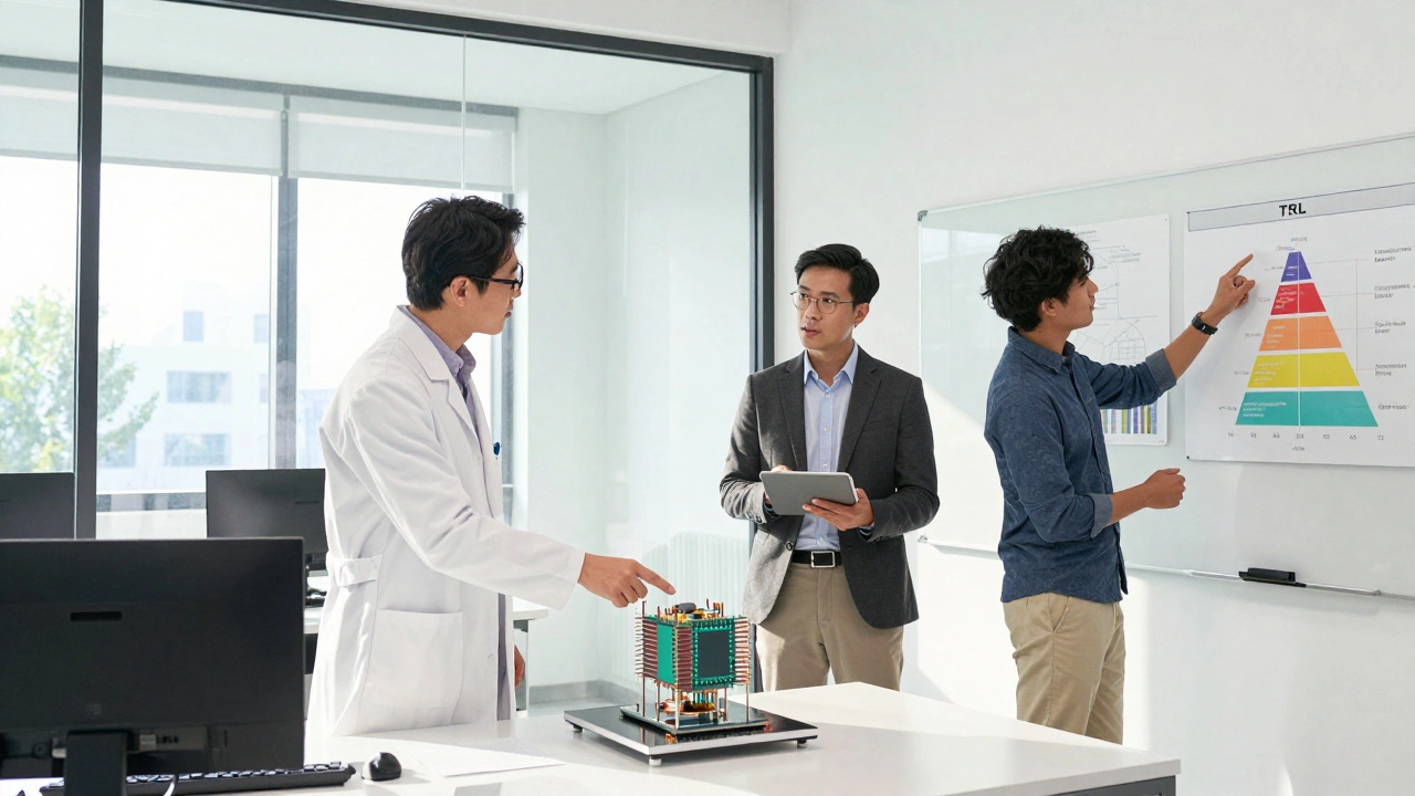 A research team collaborates on a quantum chip with business advisors.