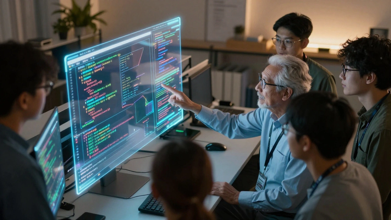 A senior software engineer collaborates with AI-generated code displayed as a holographic interface in a tech lab.