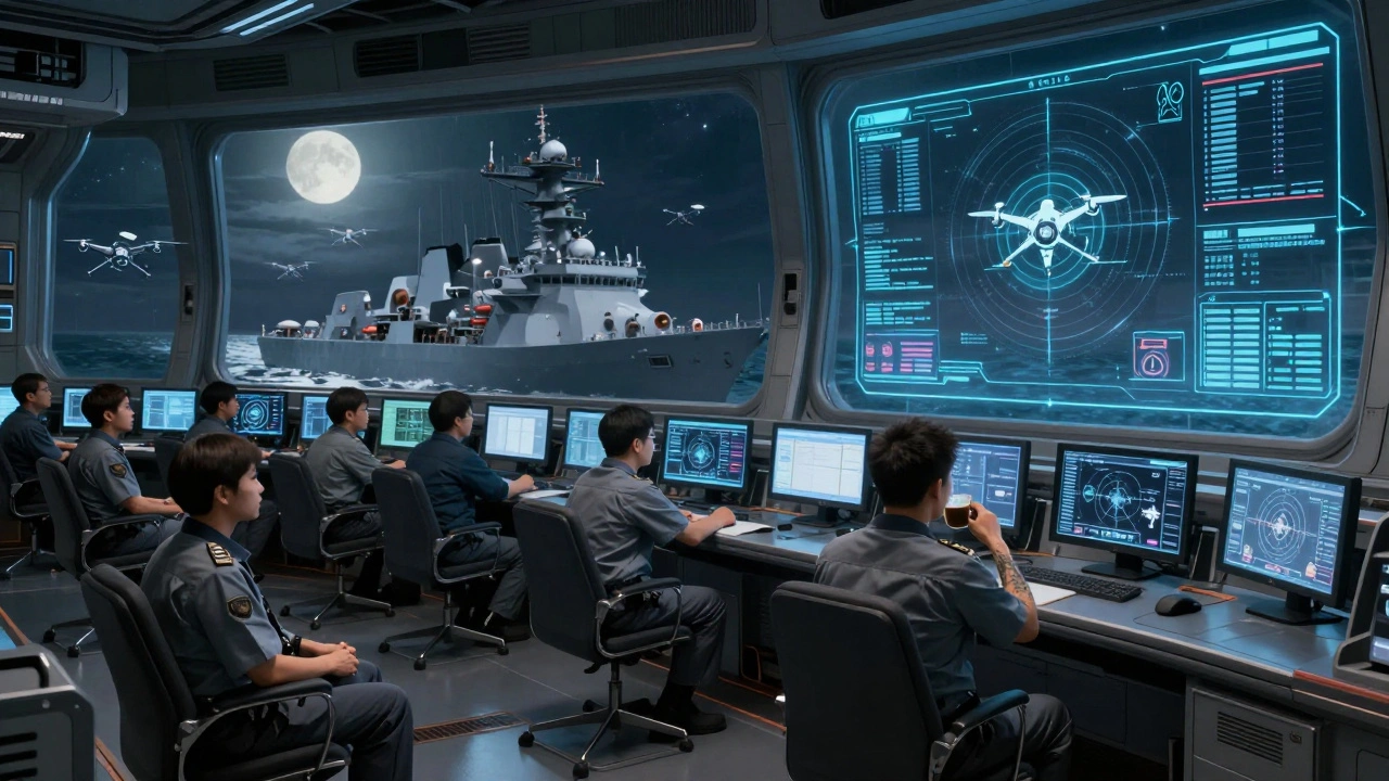 A small, diverse crew operates a high-tech Japanese destroyer using AI systems, with older recruits on duty.