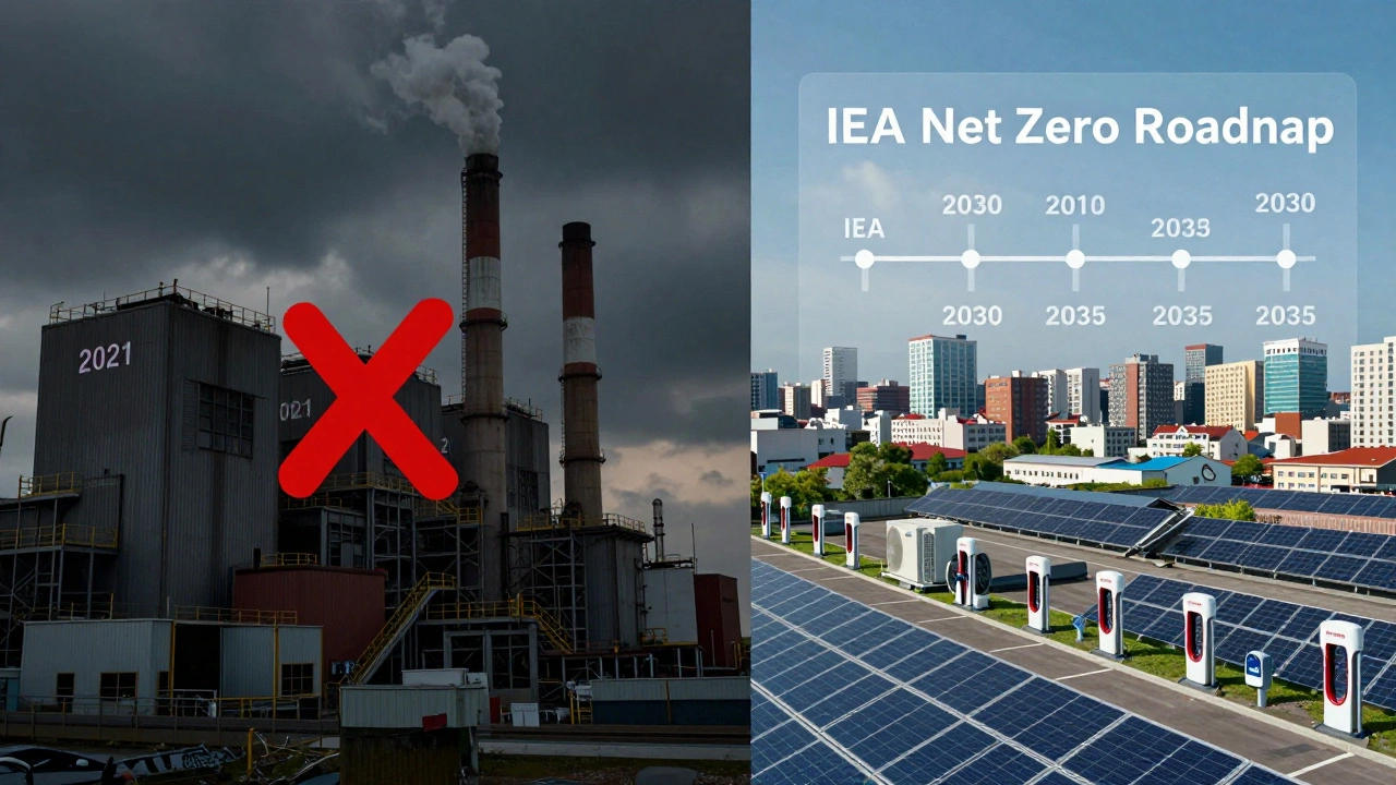 A split scene showing a shuttered coal plant on one side and a clean energy-powered city on the other, with timeline deadlines overlaid.