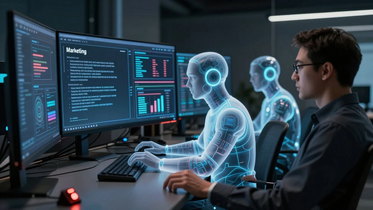 A team of digital agents working in unison while a human supervisor prepares to intervene in an automated workflow.