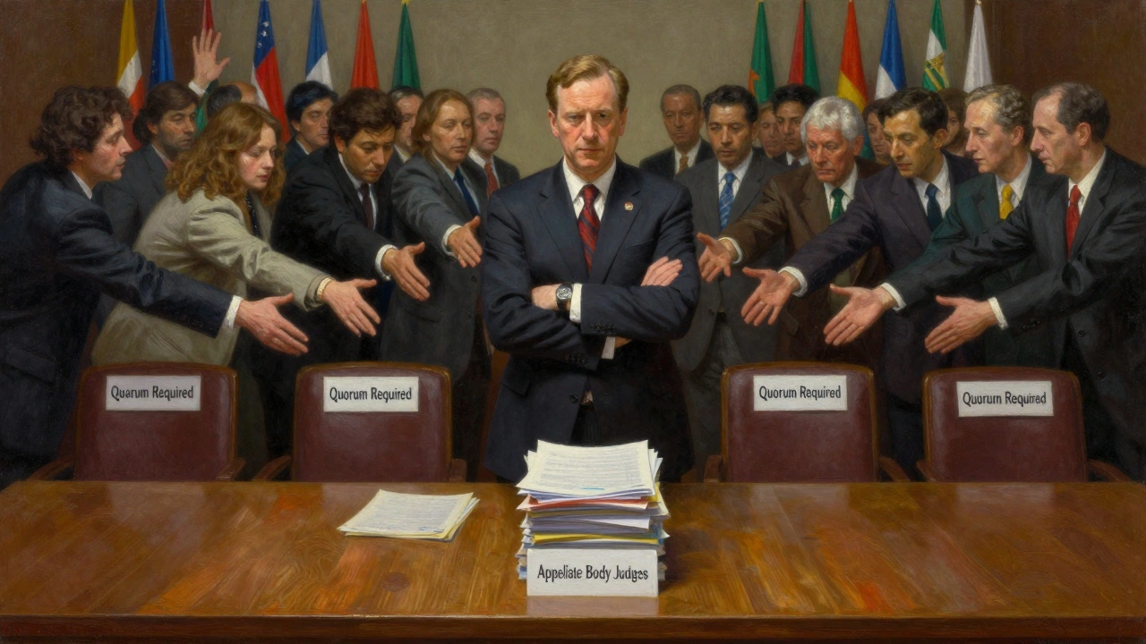 A U.S. diplomat blocking judge nominations while other nations reach toward an empty chair labeled 'Quorum Required'.