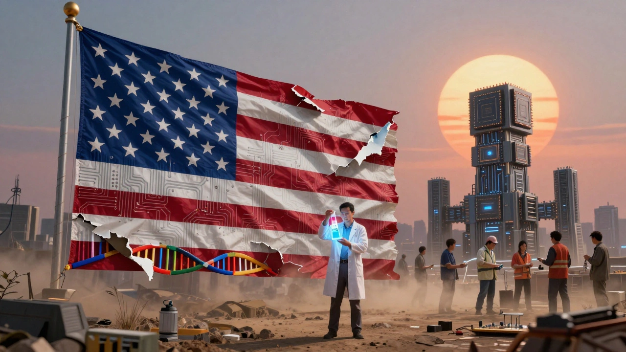 A U.S. flag made of technology and biology unraveling, while Chinese engineers build a future of AI and semiconductors.