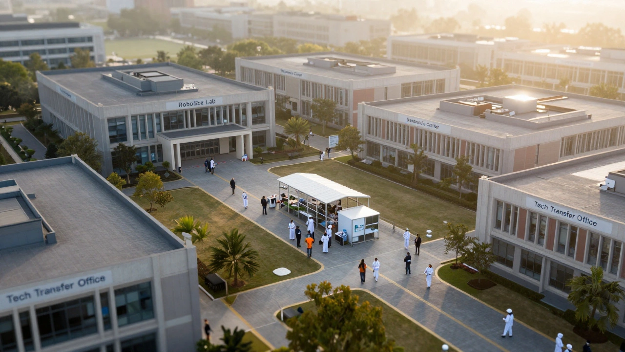 A university campus at dawn with innovation hubs connected by walkways.