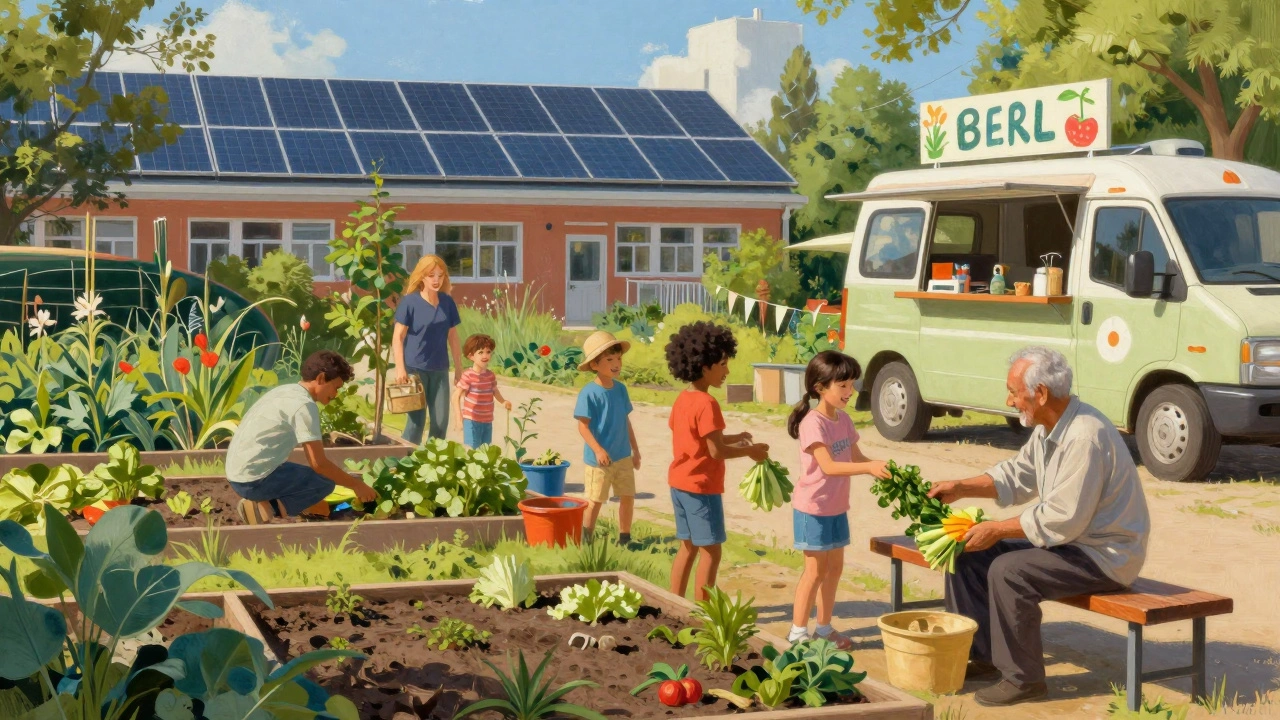 A vibrant community garden with a solar-powered school roof and food van serving residents.