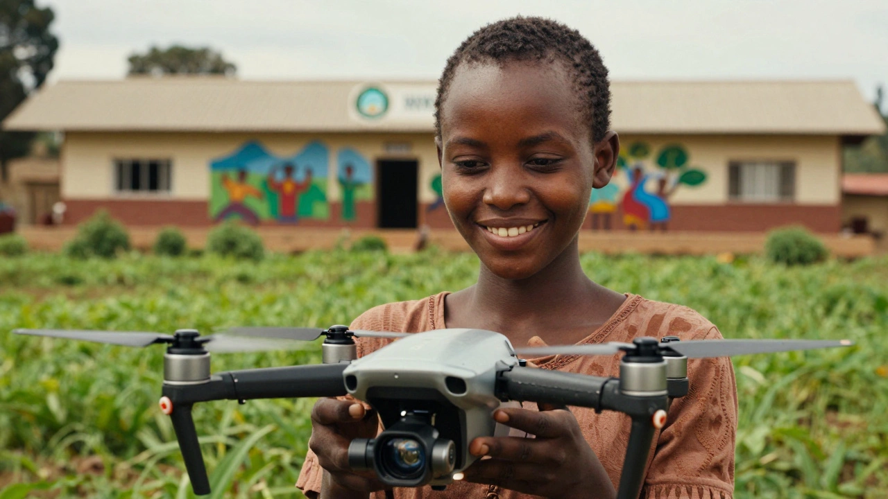A woman in Mekelle operating a drone over farmland, with a community center and university in the background.