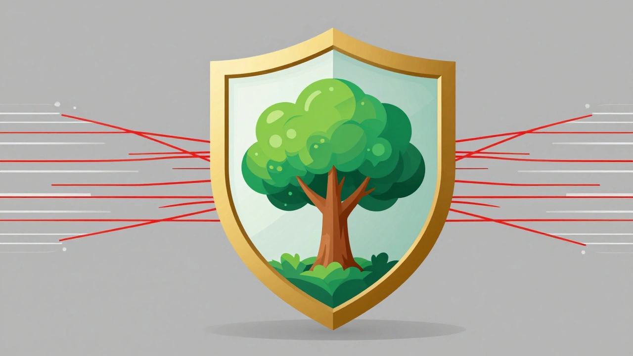 Abstract shield protecting a growing data tree from external red threat lines.