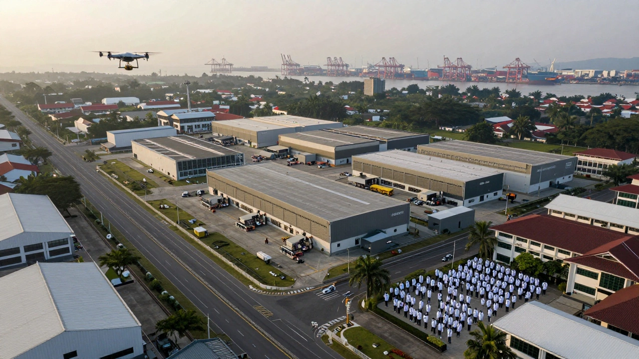 Aerial view of Surabaya's industrial park with drones, warehouses, and a university, connected to a port by highway.