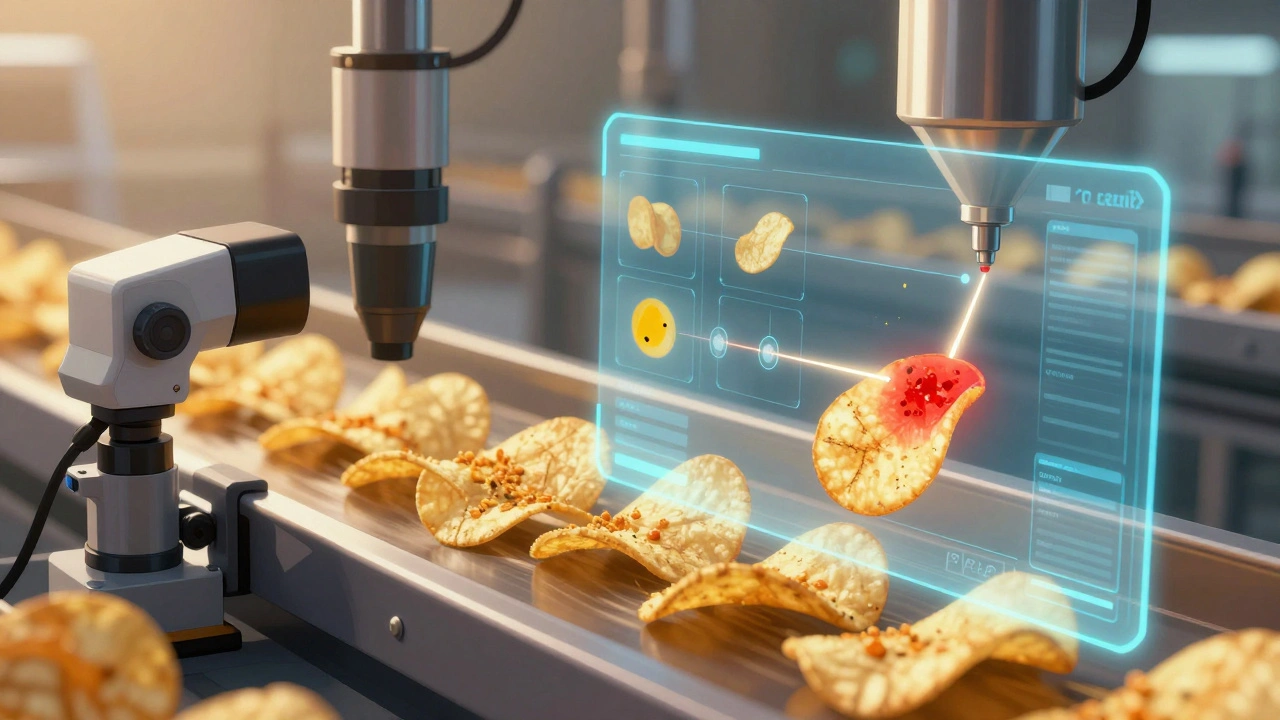AI vision system detects defects on potato chips in real time, highlighting oil spots and seasoning errors.