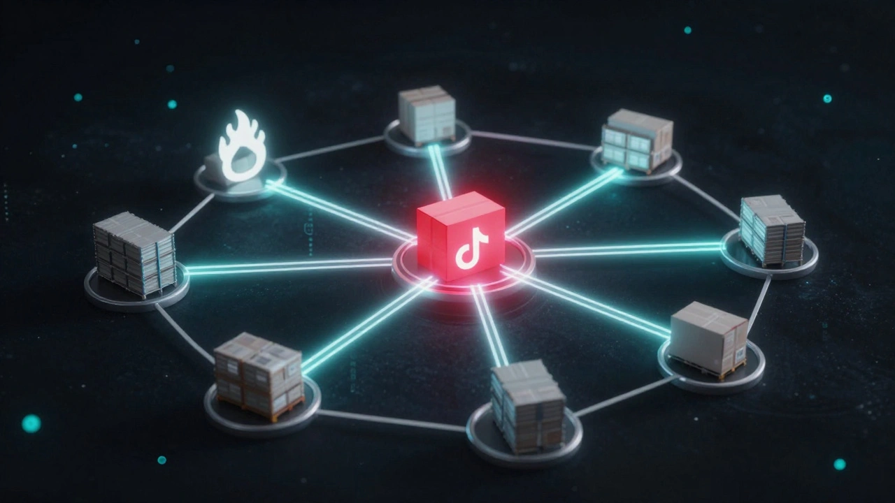 An abstract neural network of a supply chain reacting to real-time external signals like heatwaves and viral trends.
