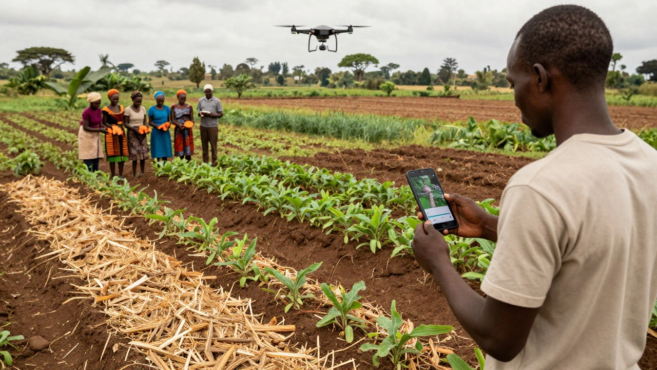 An Ethiopian farmer using satellite data on a phone, beside women harvesting sweet potatoes and a drone mapping erosion in the distance.