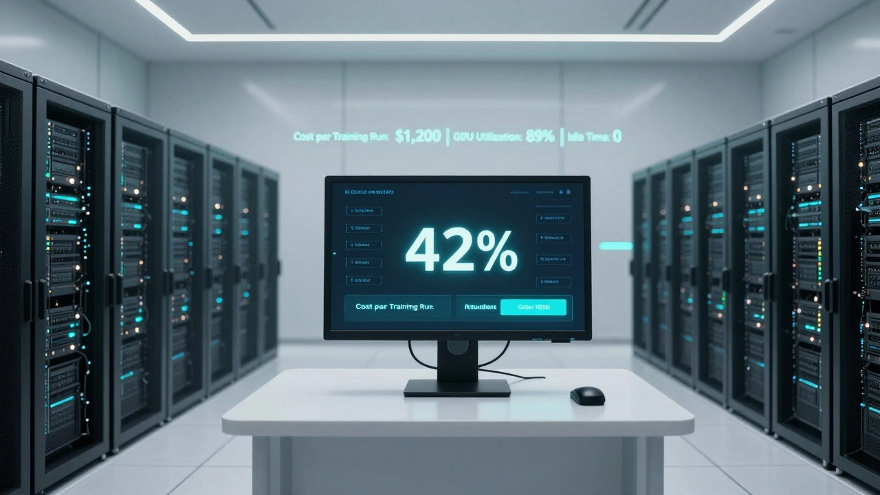 Automated AI agents shutting down idle GPU clusters in a data center, with real-time efficiency metrics displayed on monitors.