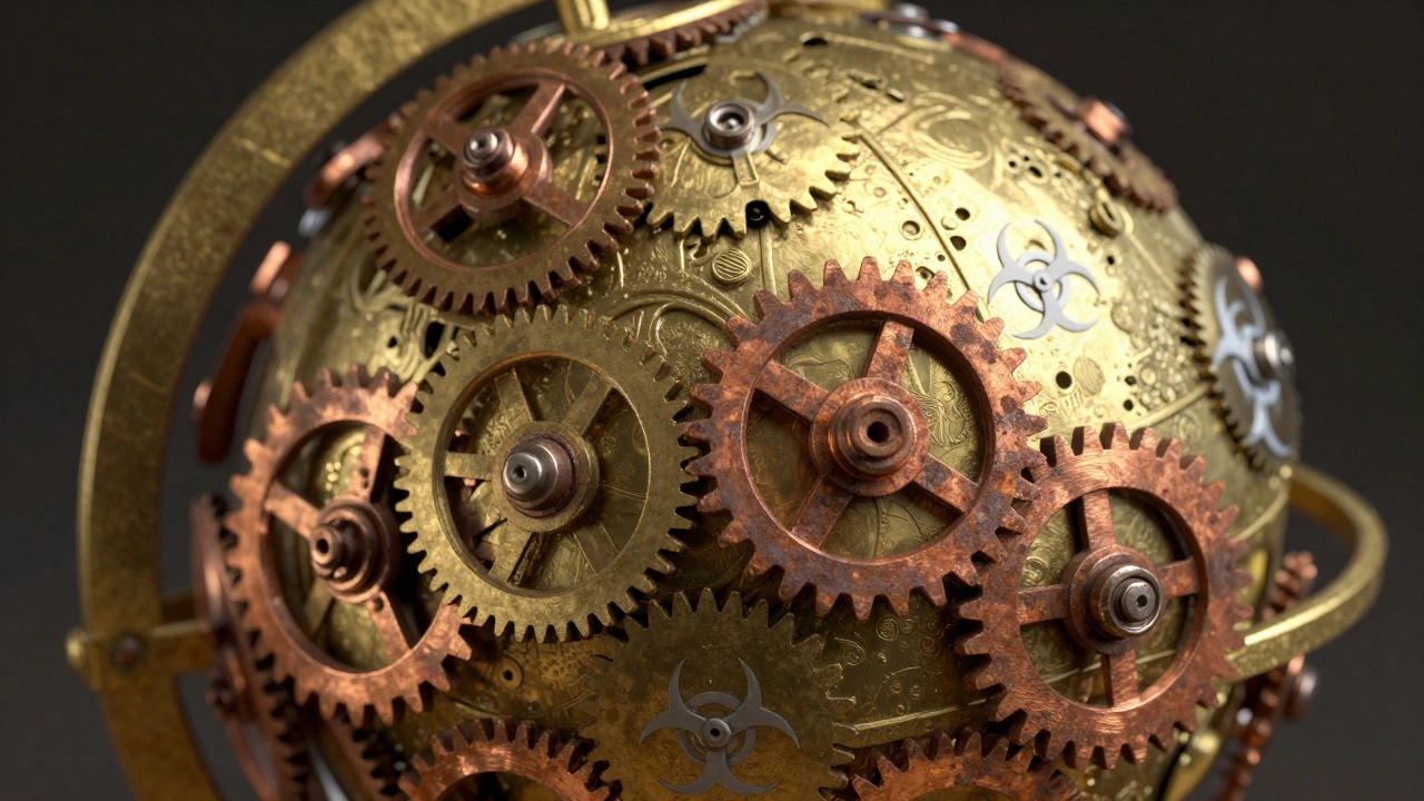 Brass clockwork globe with some gears stopped and others spinning