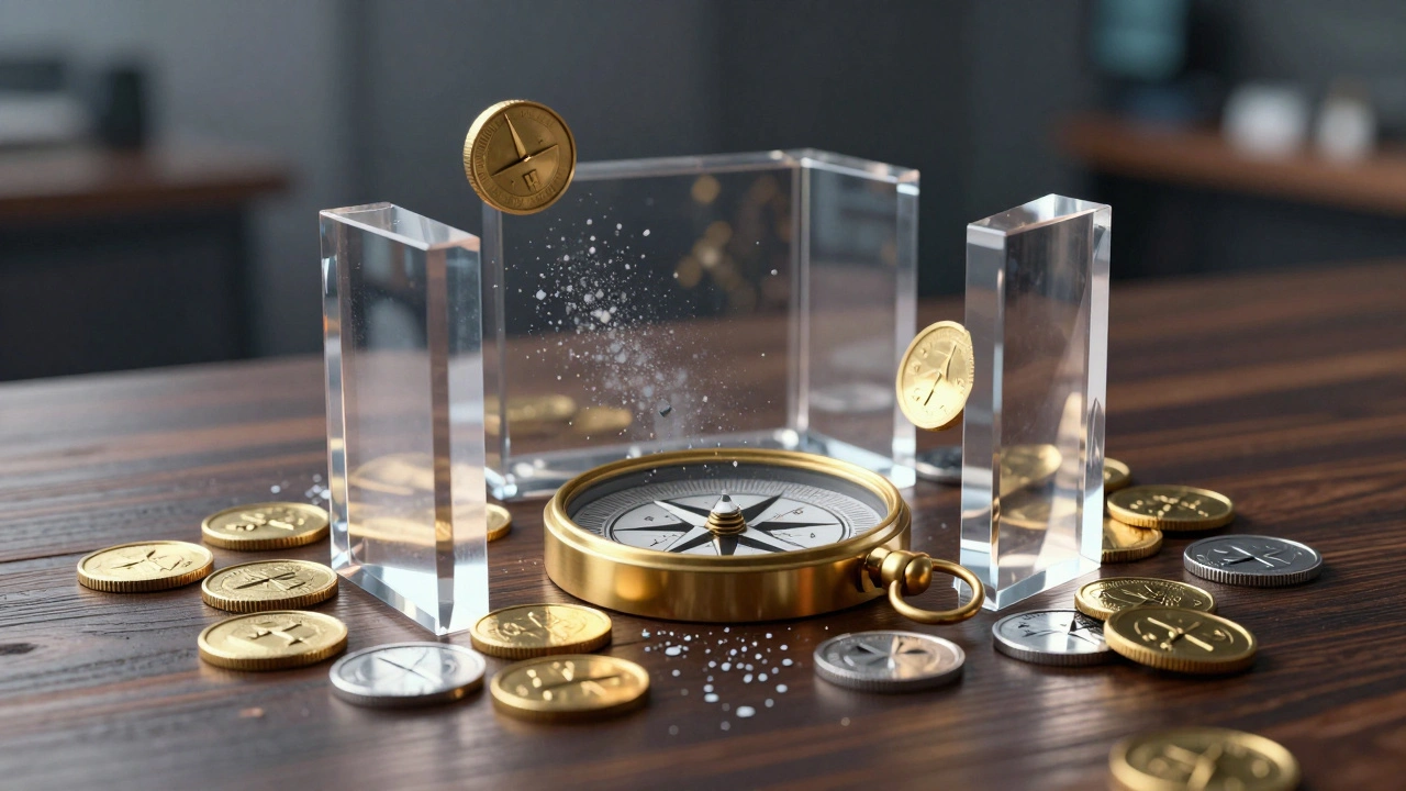 Brass compass protected by crystal cubes against dust representing hedging instruments
