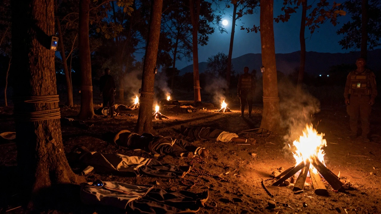 Captives bound in a dark forest camp at night, guards patrolling with radios and gear.