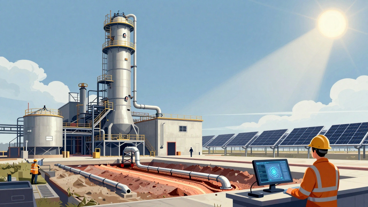 Cement plant with carbon capture system piping CO2 underground, solar collectors aiding heat process.