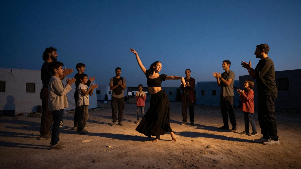 Children in a Jordanian refugee camp laughing as a Brazilian dance troupe performs under a twilight sky.