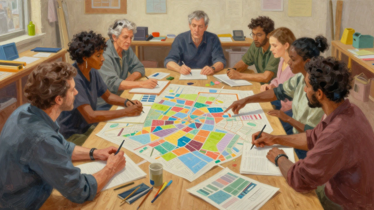 Citizens collaborating over community maps during a creative local governance workshop.