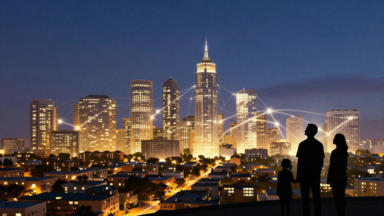 City buildings connected by glowing lines representing a network of civic trust.