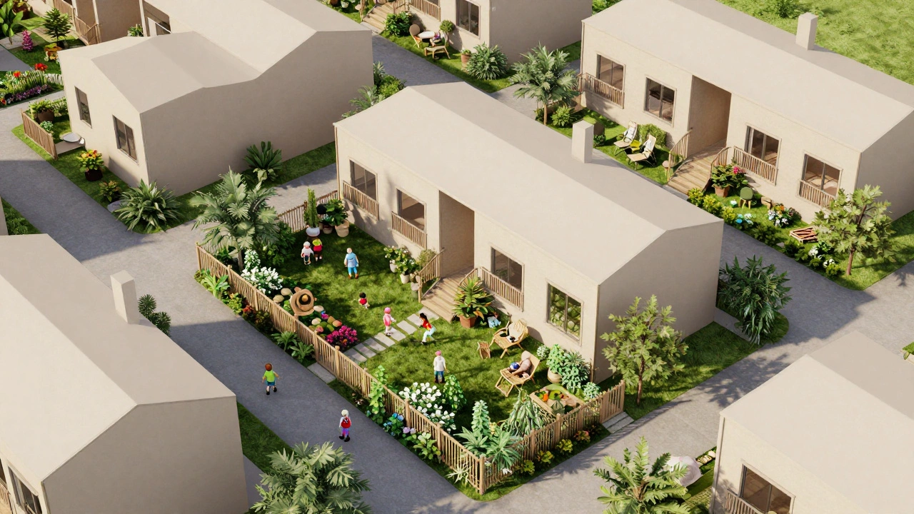 Cohousing neighborhood with private homes backing onto a shared garden and common house.