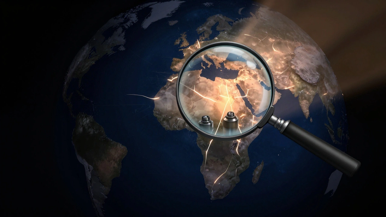Conceptual globe with fracture lines and a magnifying glass over a region.