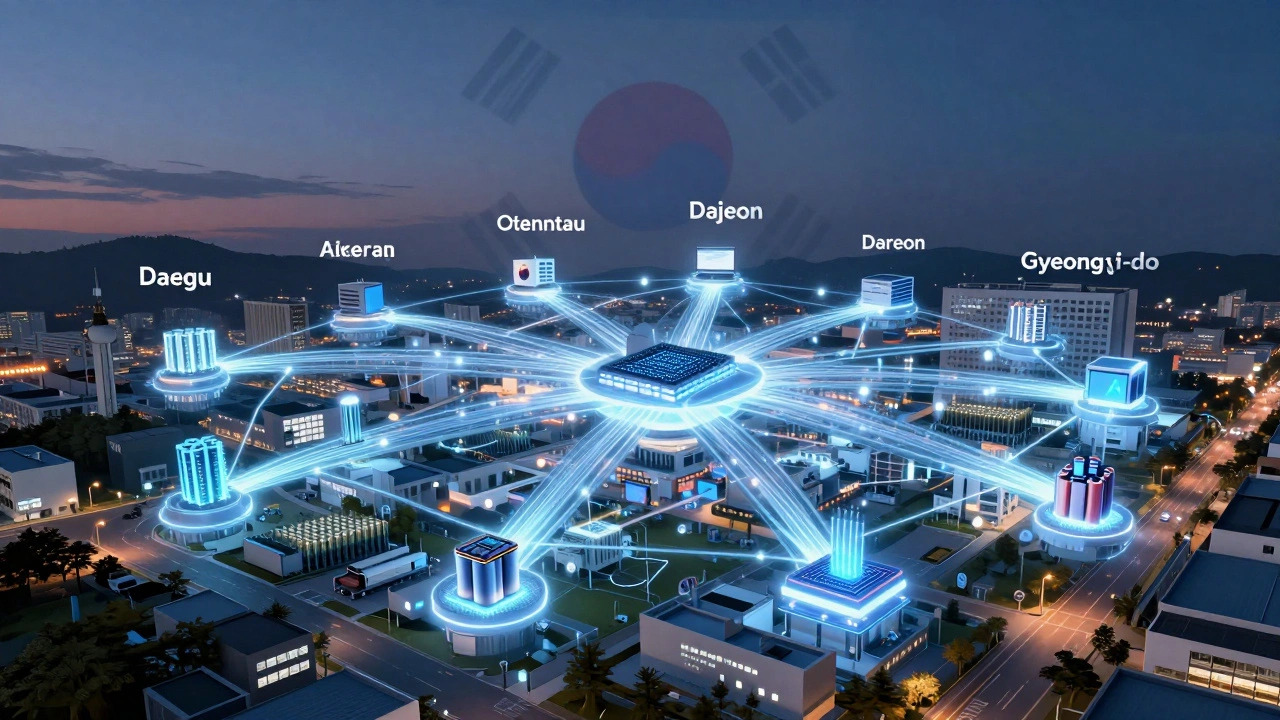 Connected innovation hubs of Daegu, Daejeon, and Gyeonggi-do glowing with streams of technology and research.