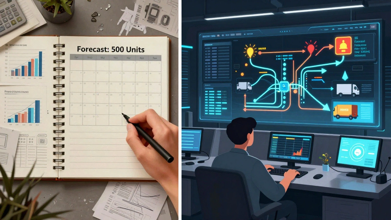 Contrasting old-school planning with modern real-time demand sensing in a split-screen visual.