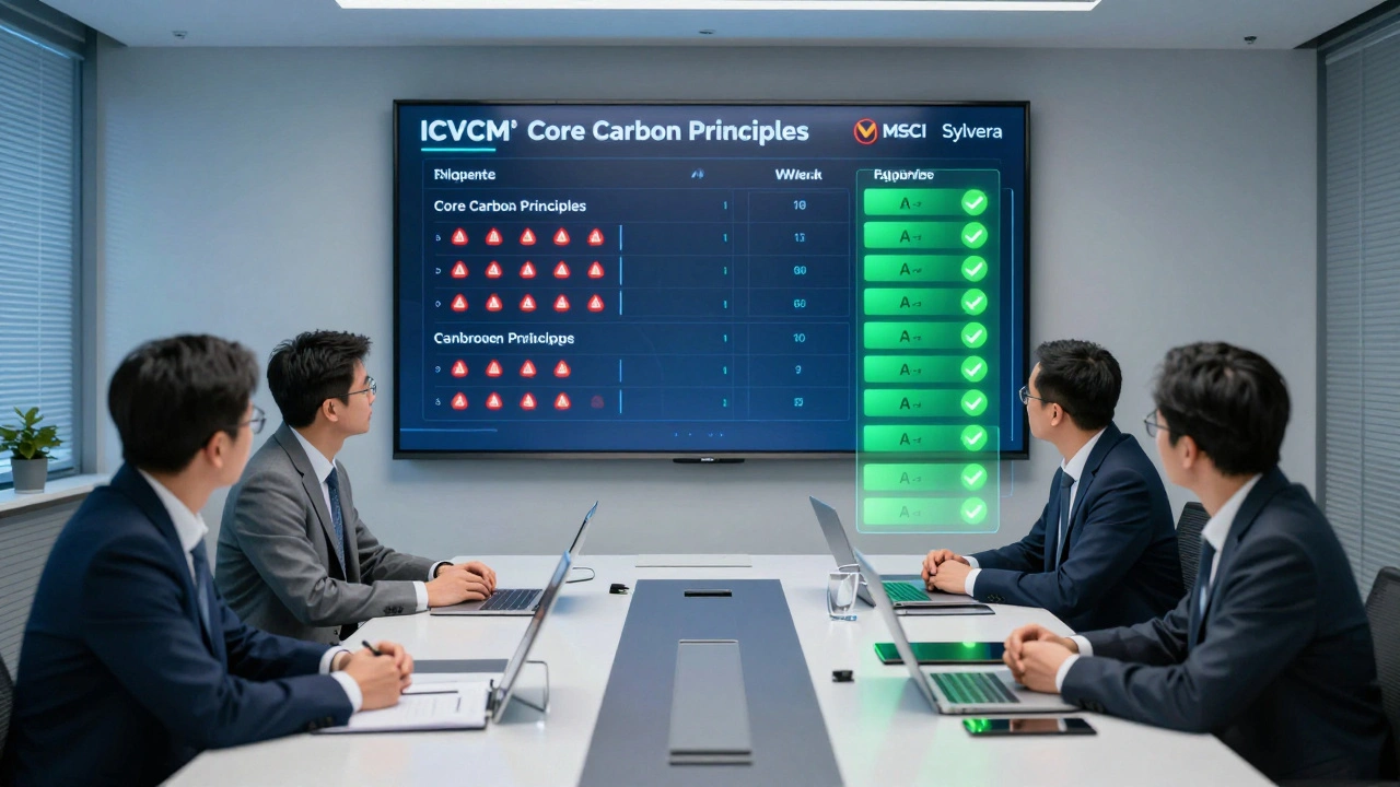 Corporate executives reviewing carbon credit ratings on a digital dashboard, with high-scoring credits glowing green and low-scoring ones flashing red.