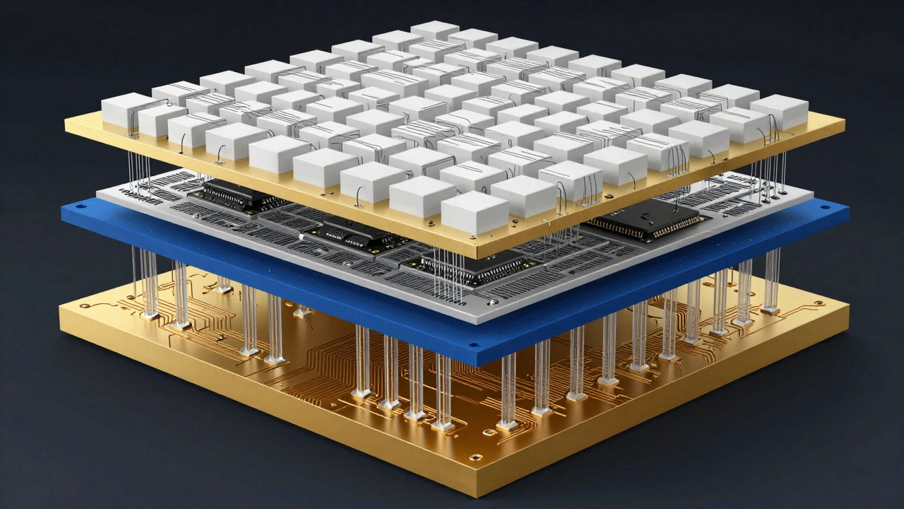 Cross-section of a 3D chip stack with photonic, CMOS, and quantum layers, labeled by color.