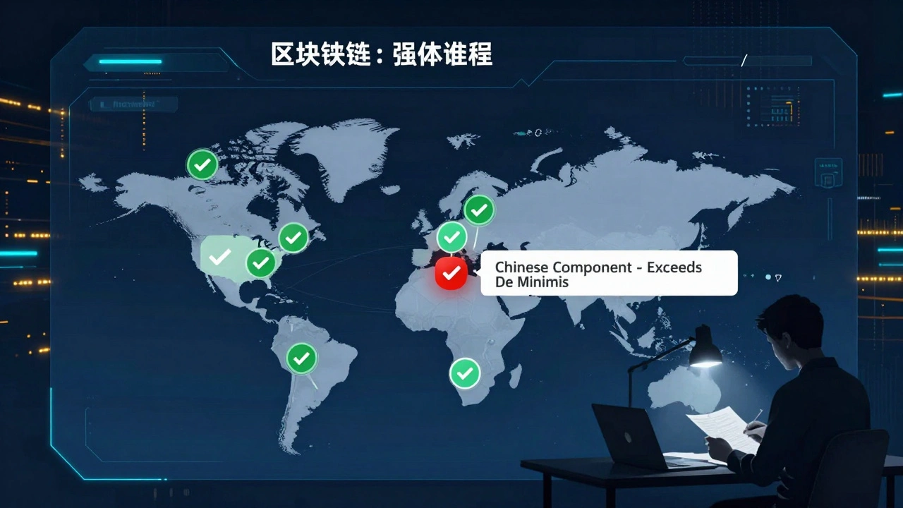 Digital blockchain dashboard showing origin verification nodes, with one red alert flagging a non-compliant component exceeding value thresholds.