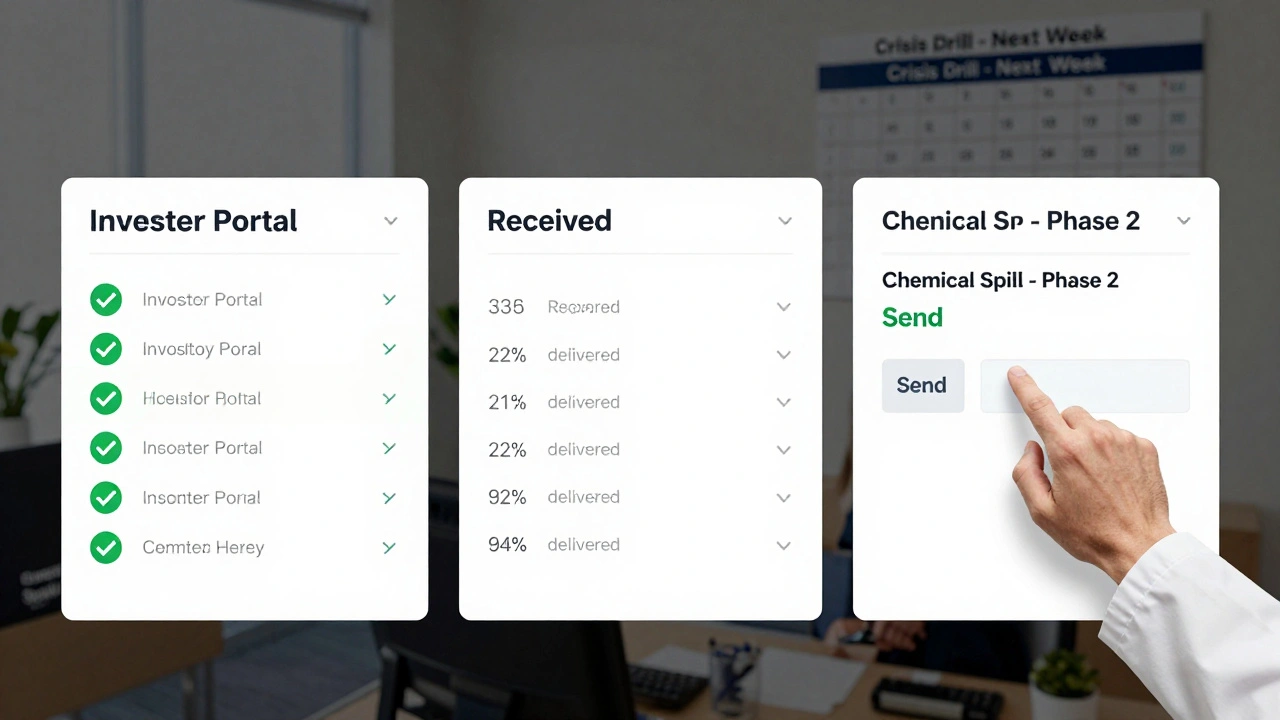 Digital dashboard displaying real-time stakeholder communication statuses: investors, regulators, and community alerts.