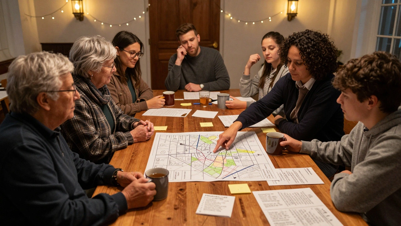 Diverse community members gathered in a basement, planning together with maps and notes.