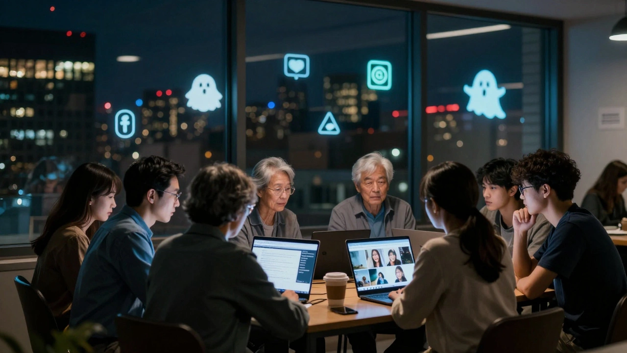 Diverse group of adults and teens analyzing a viral video at a community center, with social media icons glowing faintly outside.