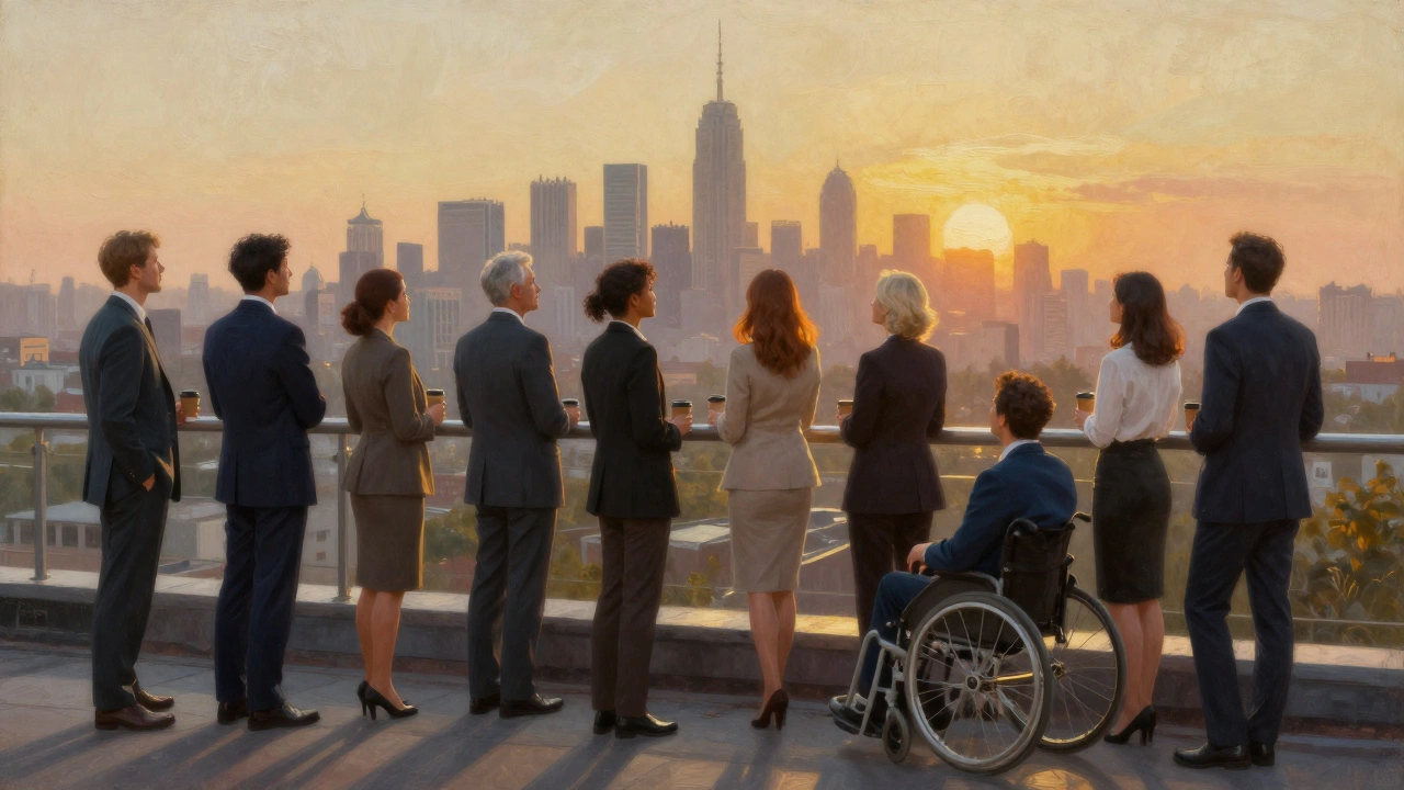 Diverse leadership team overlooking city skyline at sunrise.