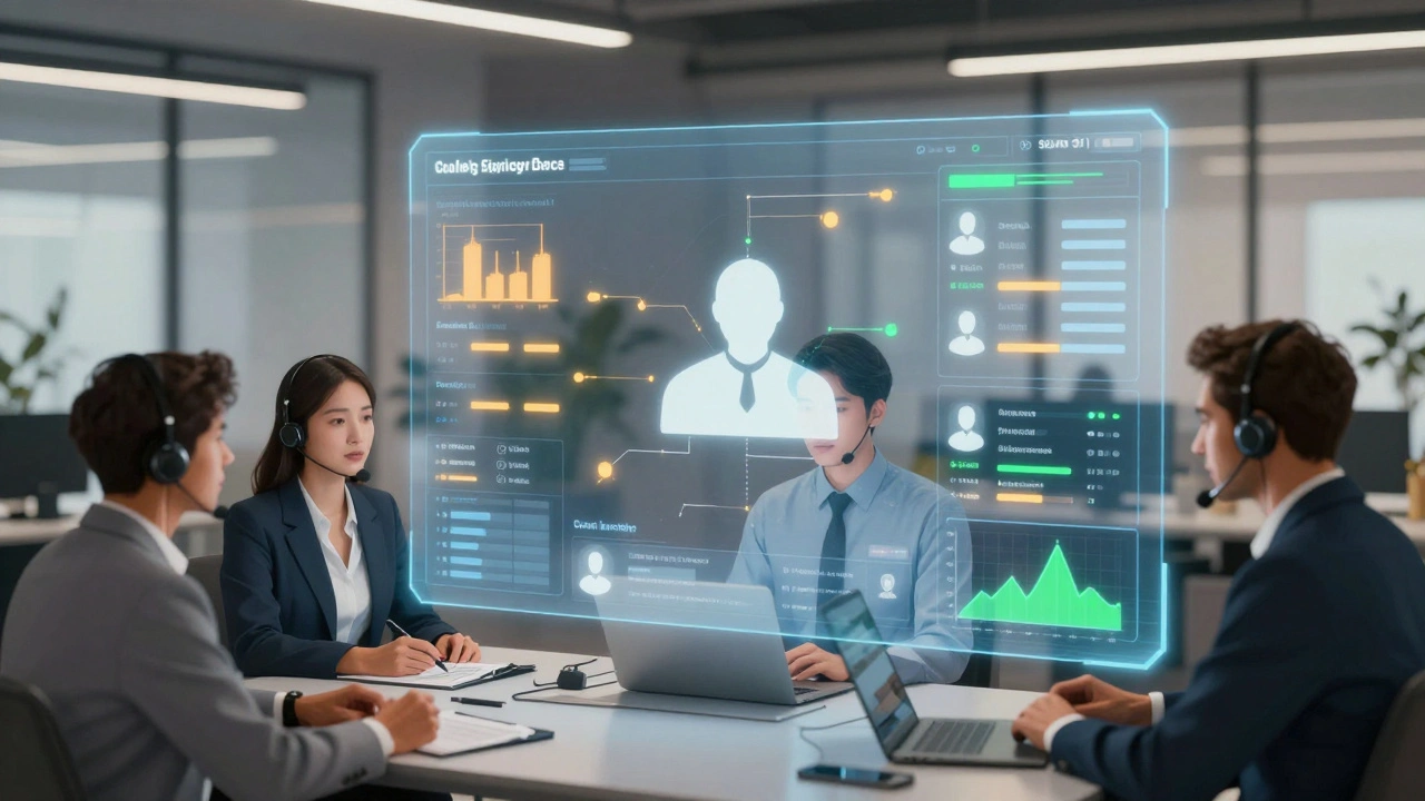 Diverse team collaborating around a holographic dashboard showing anonymized data and compliance guardrails.