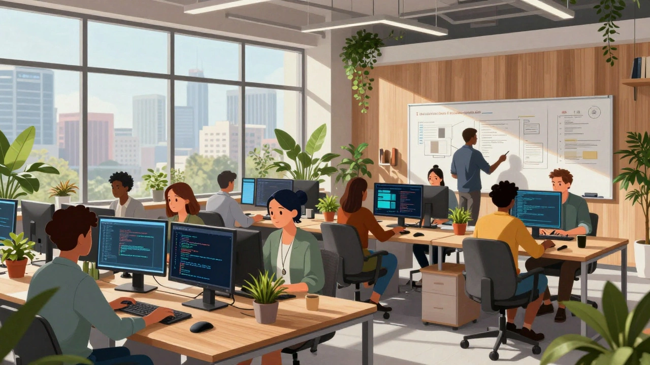 Diverse tech professionals collaborating in modern innovation workspace