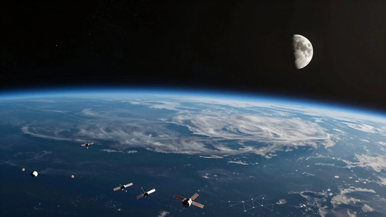 Earth orbit view with satellites and lunar lander near moon