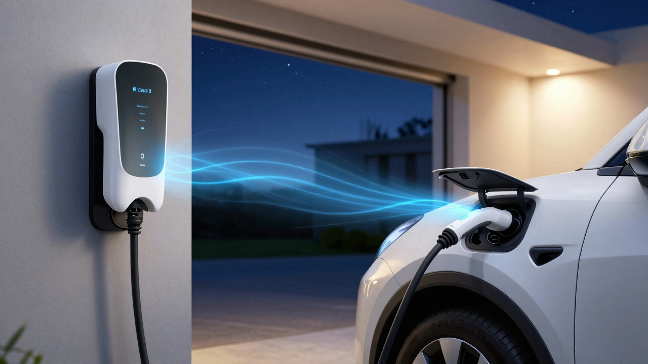 Electric vehicle plugged into smart home charger at night with soft blue data light visualization