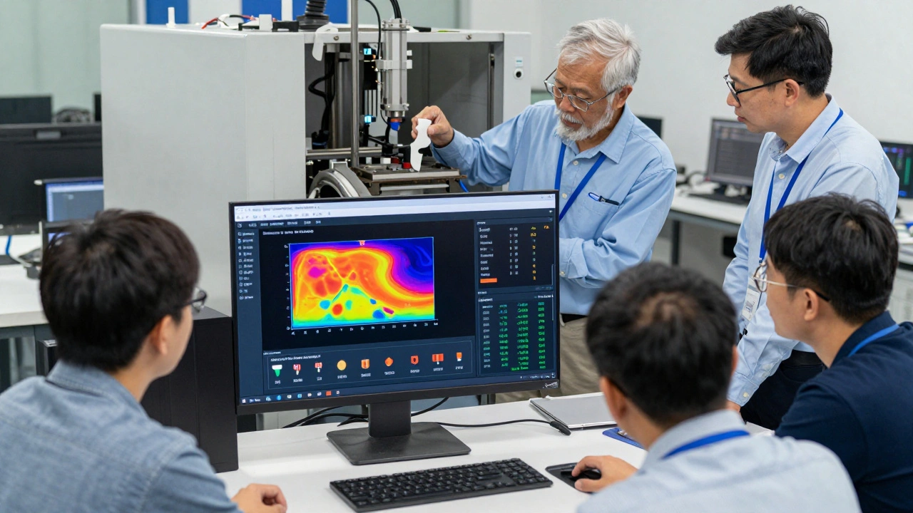 Engineers collaborating around a digital dashboard showing real-time packaging data, while technicians repair machinery with 3D-printed parts.