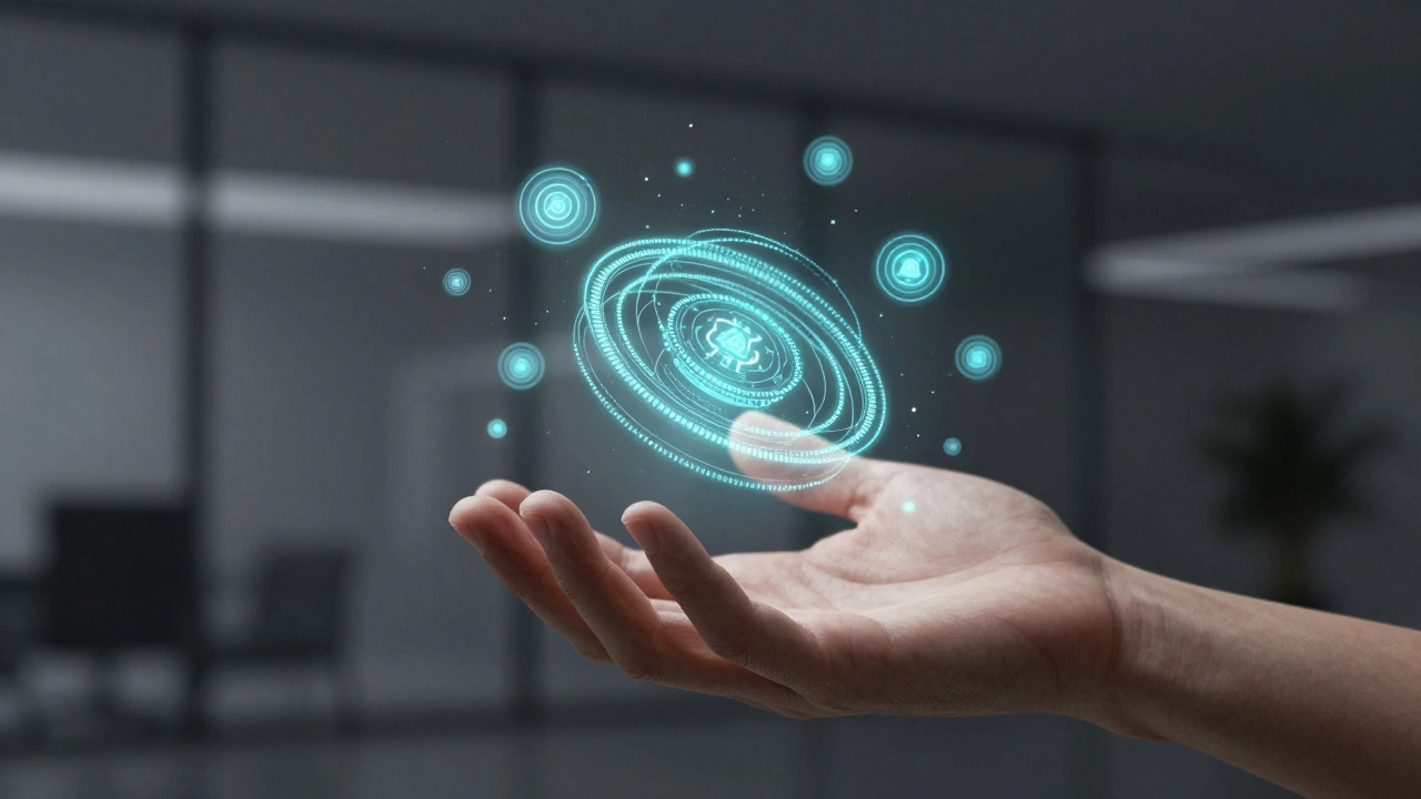 Executive hand touching abstract AI nodes representing technology governance.