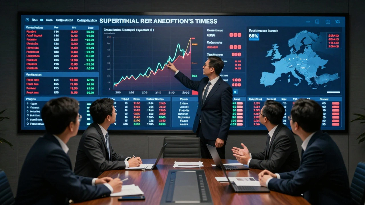 Executives analyzing a real-time fragmentation dashboard showing supplier risks, currency spikes, and U.S. equity overexposure.