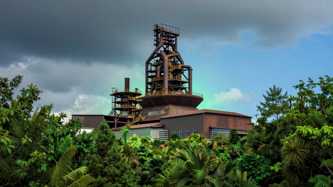 Factory building protected by green environment and climate resilience measures.