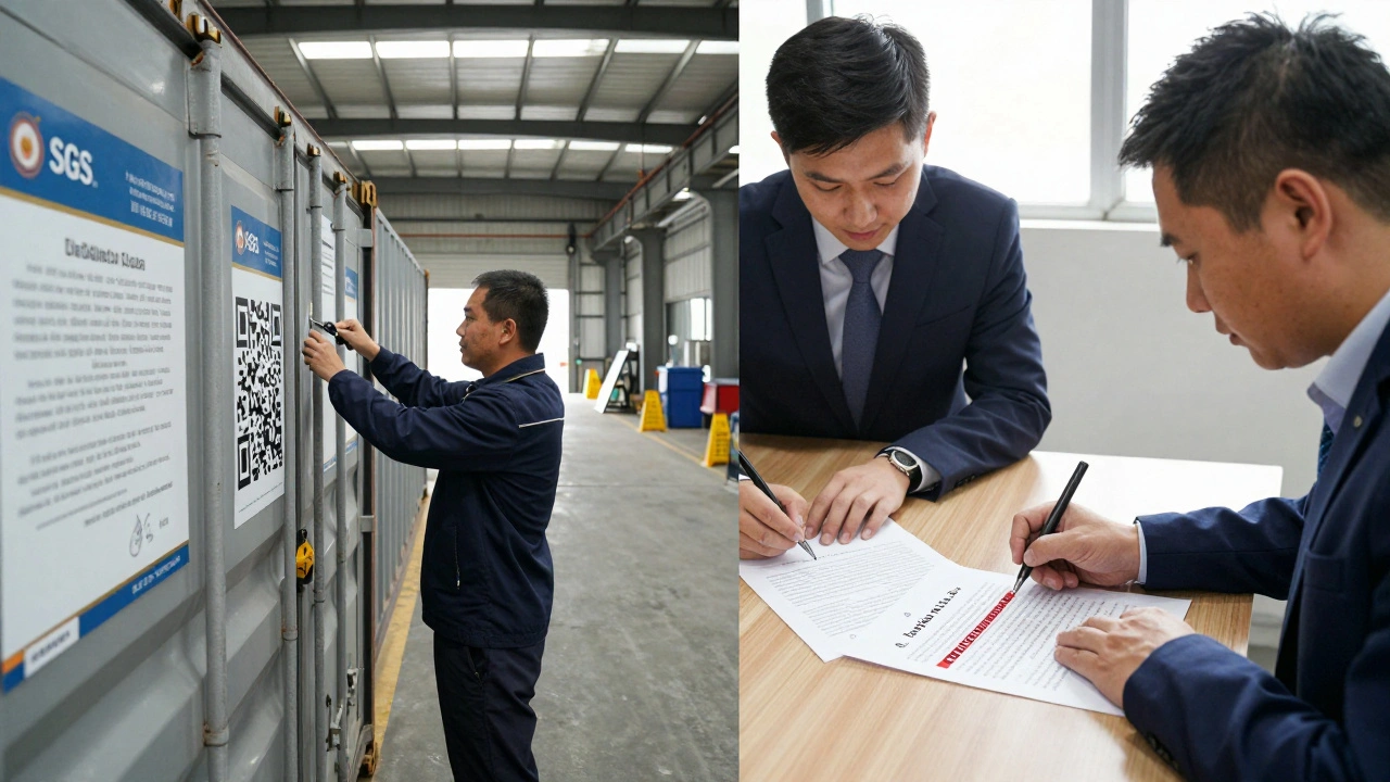 Factory workers scanning QR codes for digital origin certificates while executives sign a contract with a tariff adjustment clause.