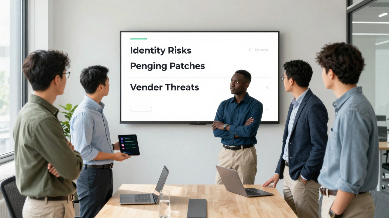 Five professionals in a weekly security huddle, viewing urgent alerts on a tablet, with clear threat categories displayed on a wall screen.