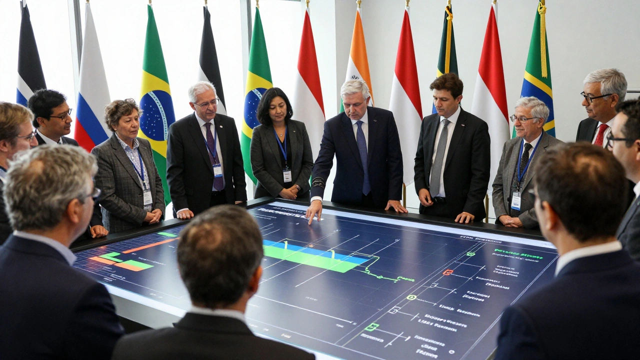 Global policymakers analyzing real-time energy data on a touchscreen, with representatives from emerging economies present.