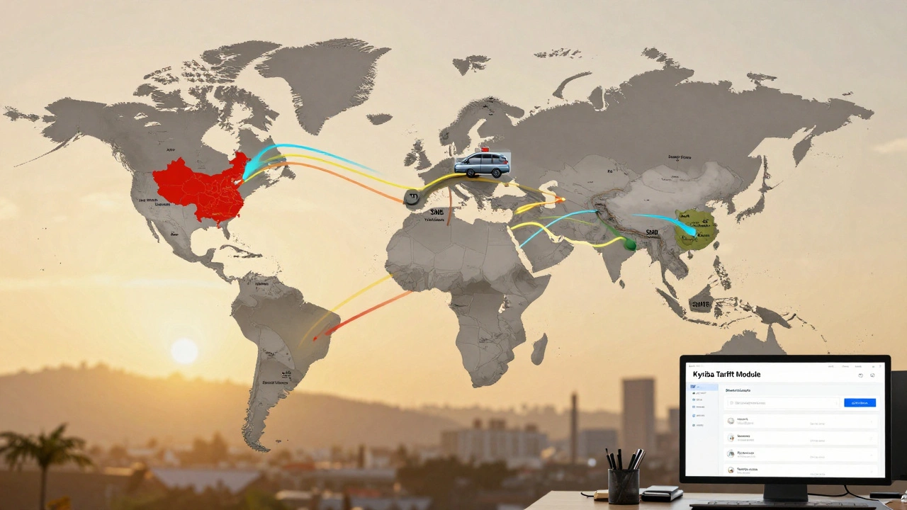 Global supply chain map showing electronics rerouting to Mexico and Vietnam, and auto parts stored in U.S. Foreign Trade Zones.